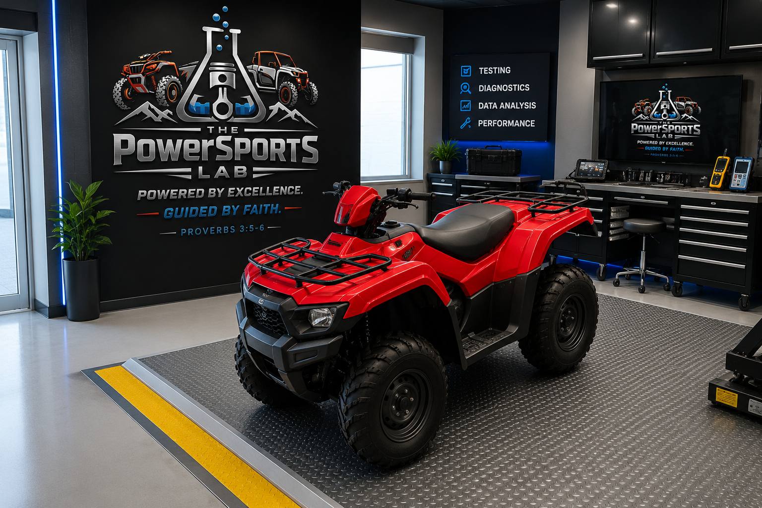 A red ATV parked in The PowerSports Lab service shop